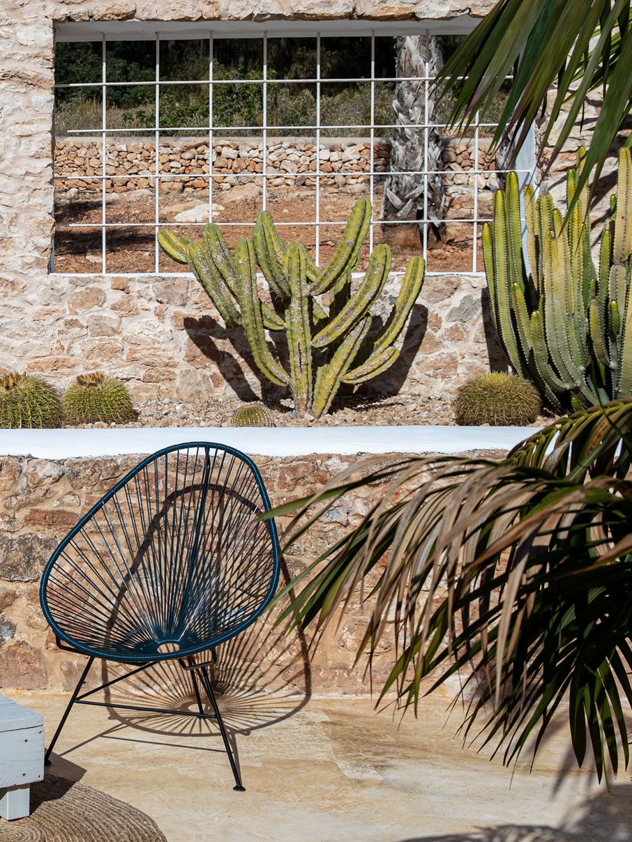 Original Acapulco Chair in der Farbe petrol vor gemauerter Wand mit Kakteen